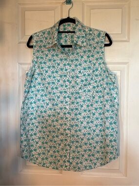 Vintage Sleeveless Floral Button-Front Shirt - Teal/White